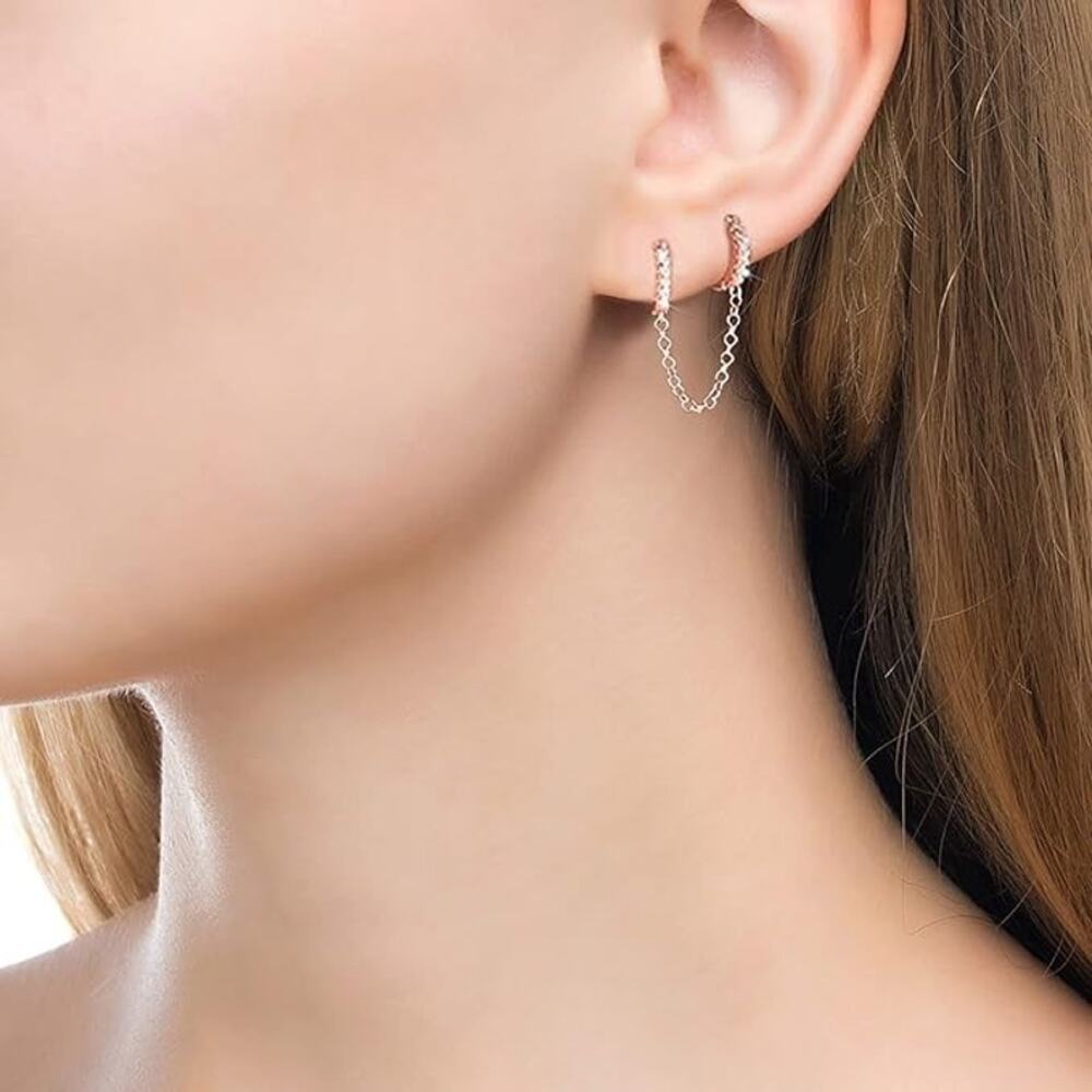4272 Dainty Diamond Chain w/Cubic Zirconia Huggie Hoop Earrings Double Piercing